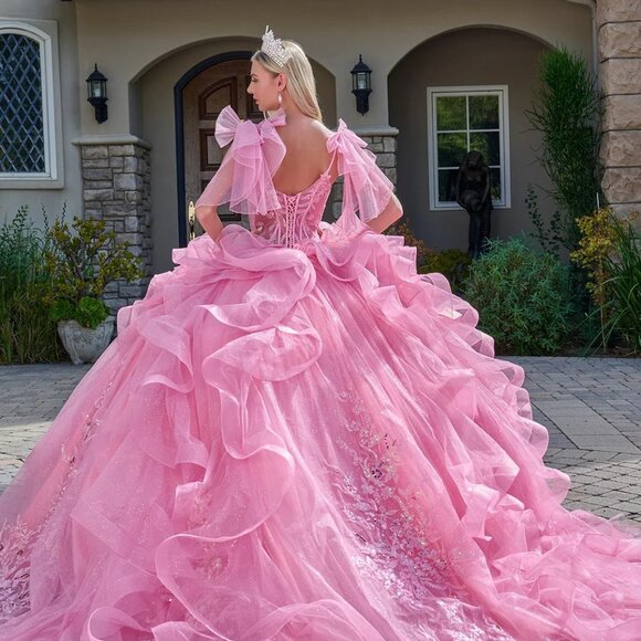 New Pink Dazzling Rhinestones Embellished Ruffled Quinceanera Tulle Gown GL3804 - Picture 12 of 14